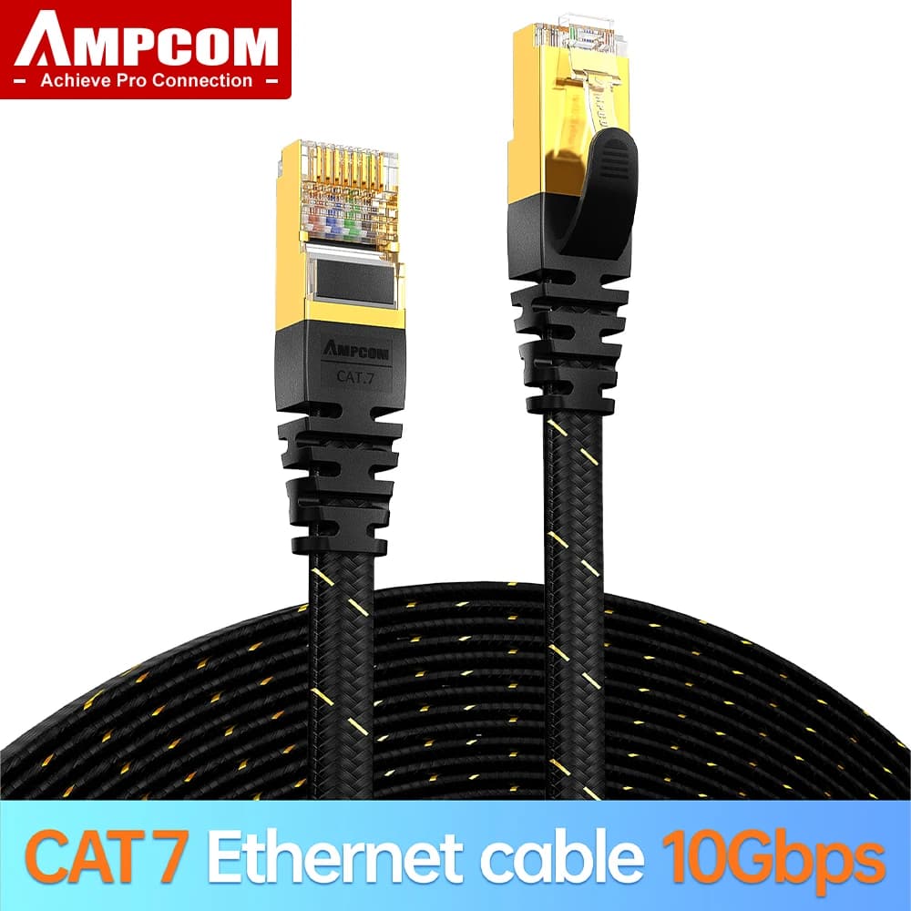 AMPCOM CAT7 Ethernet Cable (10G 600MHz), Shielded Flat RJ45 Network Patch Cord, 50u Gold Plated Lead, Polyester Braided