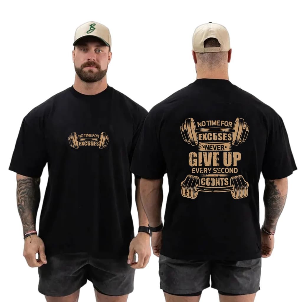 Camiseta Academia No Time For Excuses Larga Musculação Bodybuilder Oversized Treino Premium Neves Outlet