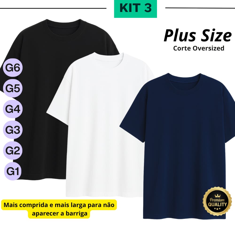 Kit 3 camisetas Plus Size Oversized PROMOÇÃO Masculina Kit 3 Peças Algodão 100% G1 G2 G3 G4 G5 G6