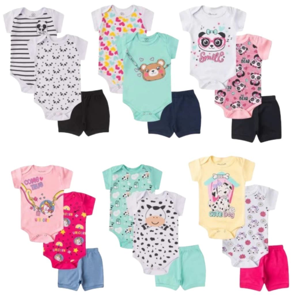 Kit Body Bebê 9 Peças Menina 3 Kits de 3 Peças Verão Infantil Manga Curta Roupa de Menina