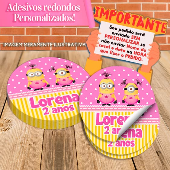 Adesivos Redondos e Quadrados Personalizados Minions Rosa