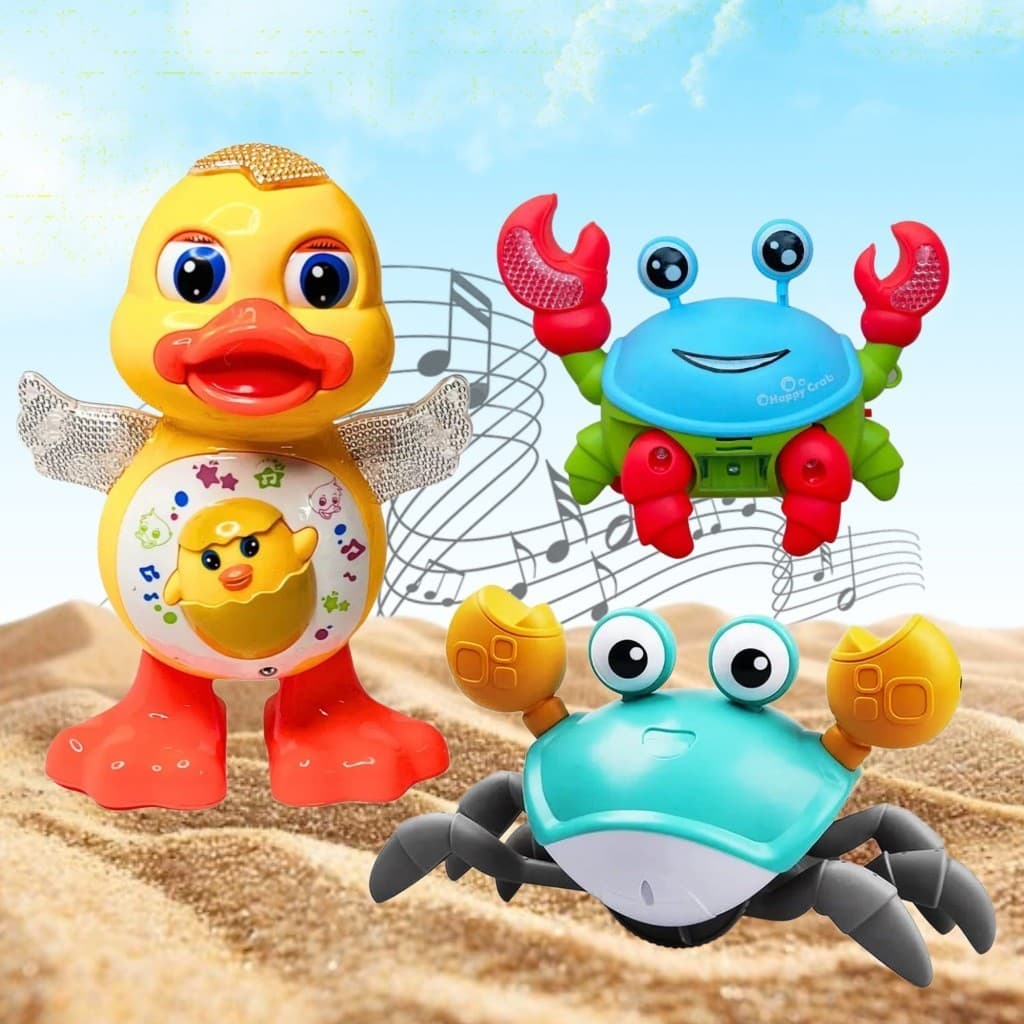 Kit Pato Caranguejo Fujão Patinho Brinquedo Musical Dançarino Anda com Luz Som Sensor USB Dancing Duck