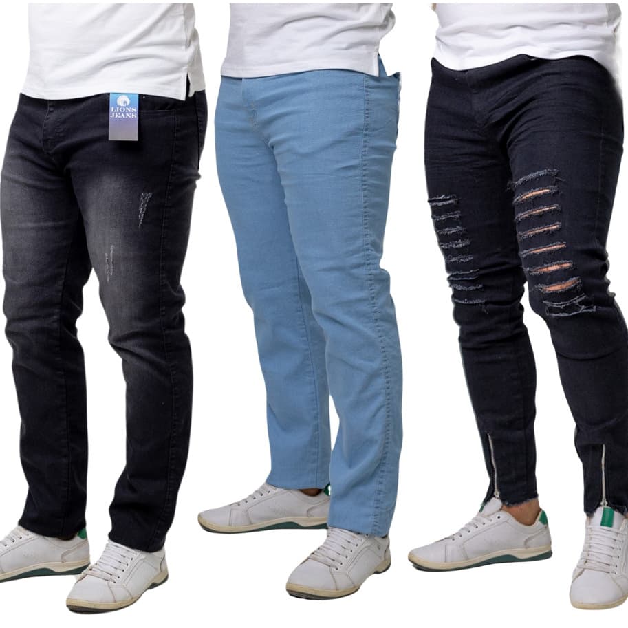 Kit 3 Calça jeans Masculina Slim Preta Rasgada Zíper Azul Claro Outlet Premium
