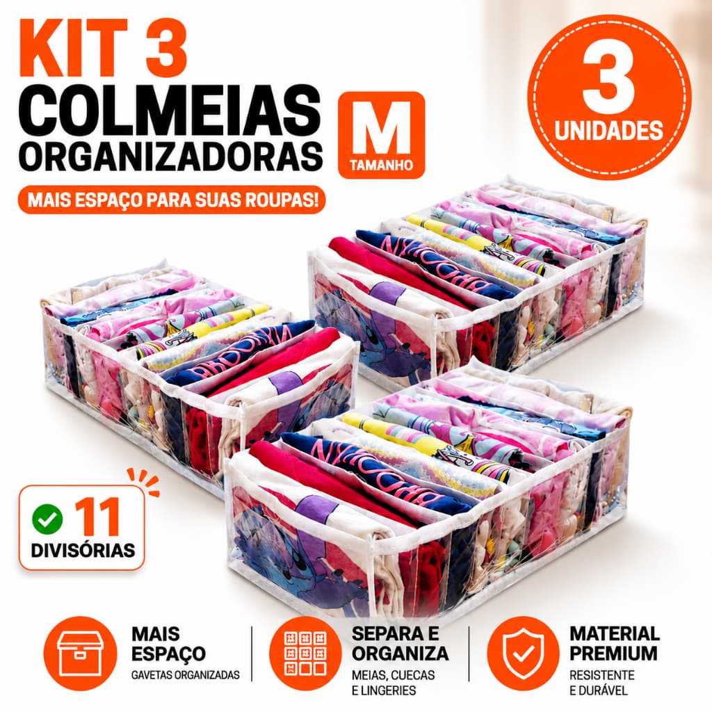 Kit 3  M Organizador de Gaveta Colmeia Bebe Roupa Intima Body Meia