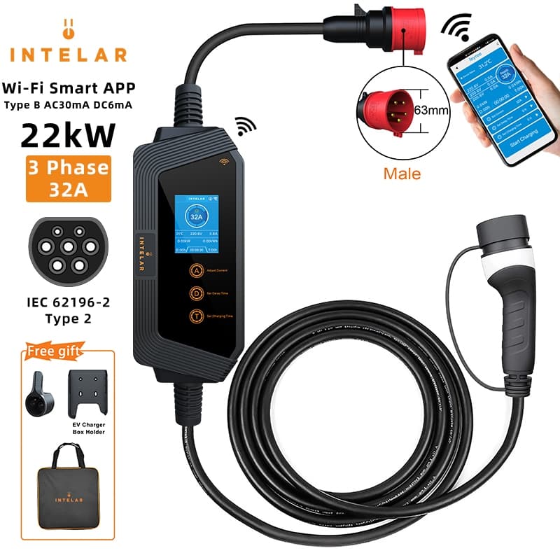 Intelar Carregador Carro Elétrico Portátil 22kw 11Kw 3P 32A 16A Tipo2 Com App IP66 à prova d'água Com LCD