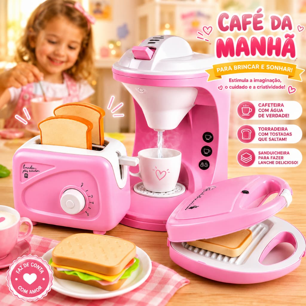 Kit Cozinha Infantil Completo Cafeteira Sai Água Torradeira Sanduicheira Brinquedo Faz De Conta Menina