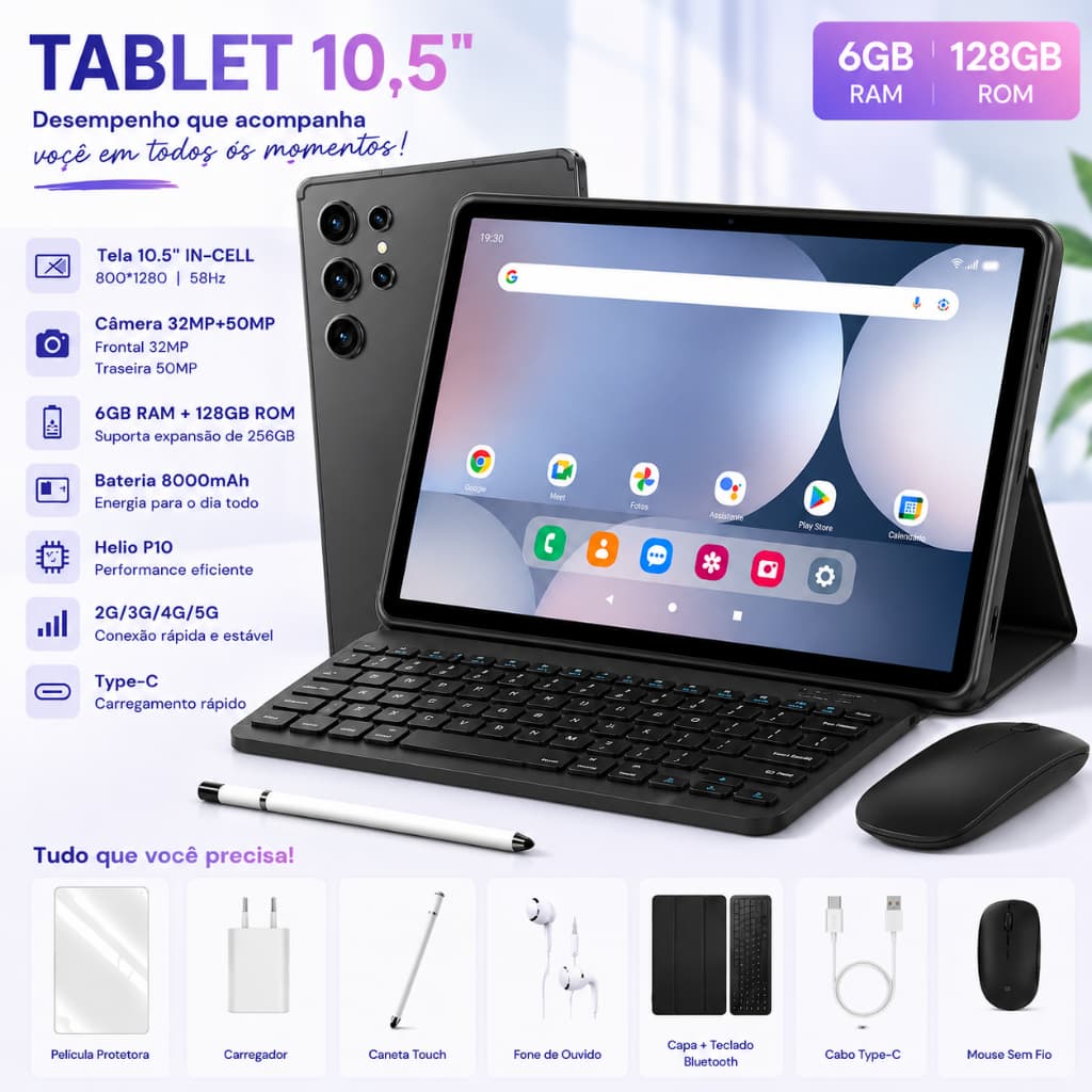 Tablet Pad 9X 10.5" 5G Android 13 Octa Core Dual SIM 6GB+128GB WiFi GPS 8000mAh Teclado Mouse Caneta