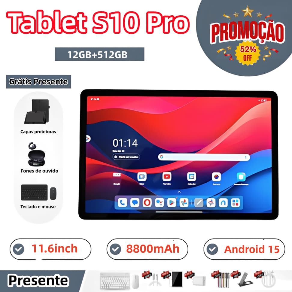【Teclado e mouse gratuitos】Tablet S10 Pro de 11,6 polegadas, 12 GB + 512 GB, bateria de 8.800 mAh, 5G, Android, Wi-Fi