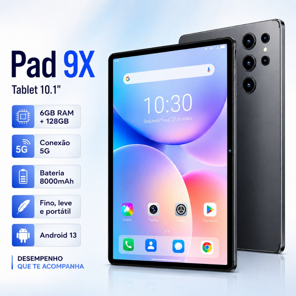 Tablet 10.1 Pol 5G Octa Core 6GB RAM 128GB 8000mAh Câmera 50MP Tela HD Estudo Trabalho