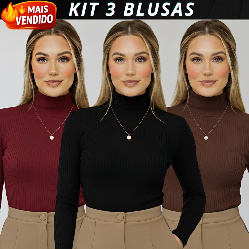 Kit 3 Blusa Cacharrel Feminina Gola Alta Canelada Manga Longa Inverno Segunda Pele Premium Promoção