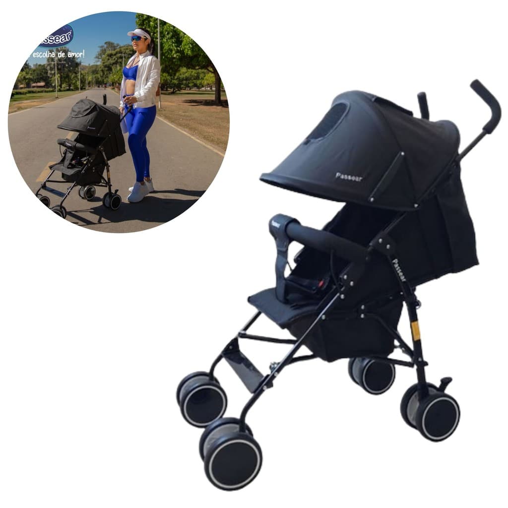 CARRINHO DE BEBÊ ALFA PASSEAR ATÉ 15 KG COMPACTO FECHAMENTO SOMBRINHA PRETO (7908488104353)