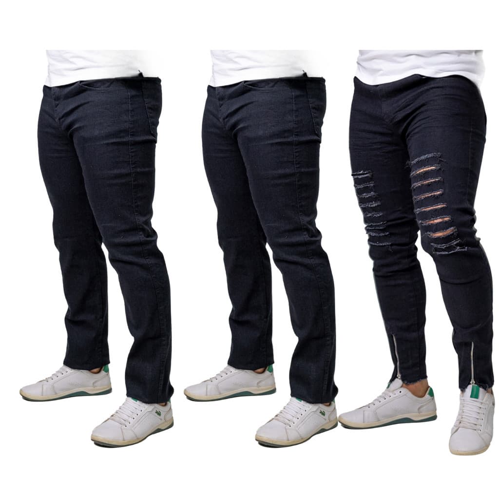 Kit 3 Calça Masculina Elastano Preta Rasgada Zíper+Preta Slim(Escolha Terceira Peça) Outlet Calças Promoção Abril