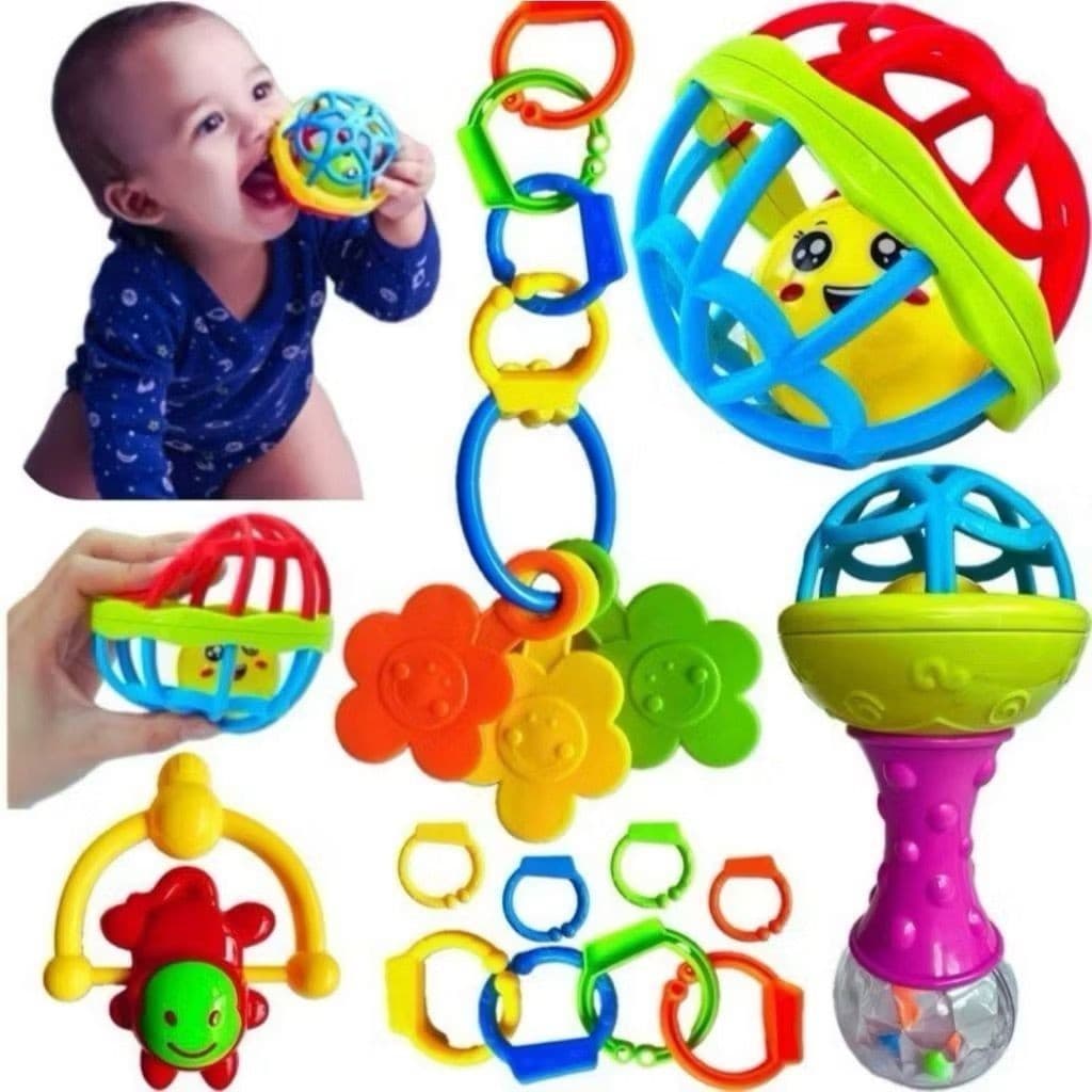 Kit 8 Brinquedos Bebe Chocalho Mordedor Silicone Macio Bola Colorida Para Meninas/Meninos Móbile...,,
