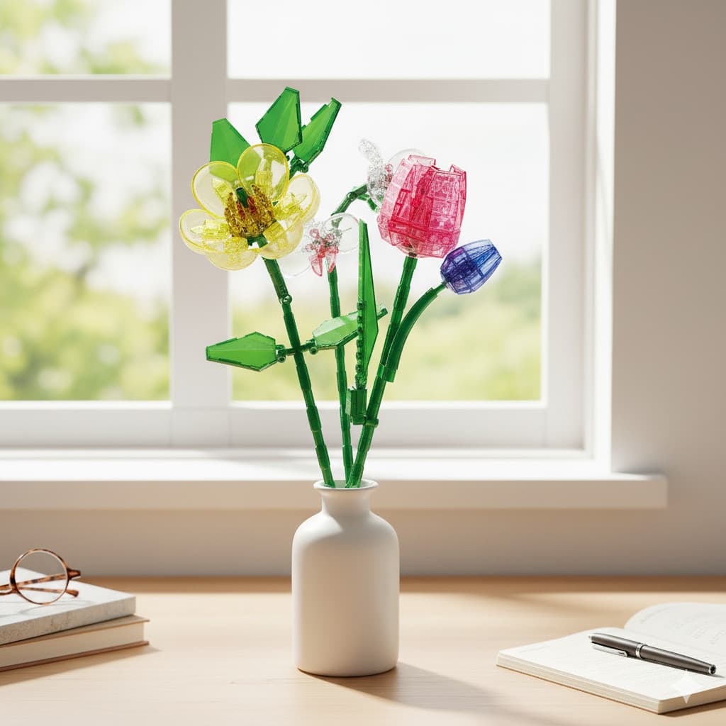 Blocos de Montar Flores Kit 20 Unidades Mini Buquê Decoração Casa Presente