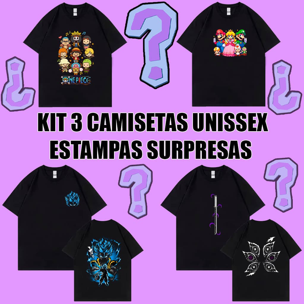 Kit 3 Camisetas Super Queima de Estoque! Super Saldão Camiseta Surpresa 100% Algodão Unissex - Envio Rápido