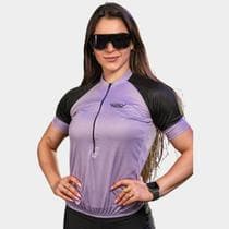 Camisa de Ciclismo Feminina Manga Curta Way Fresh Lilás Bolsos Traseiros Ziper Proteção Uv